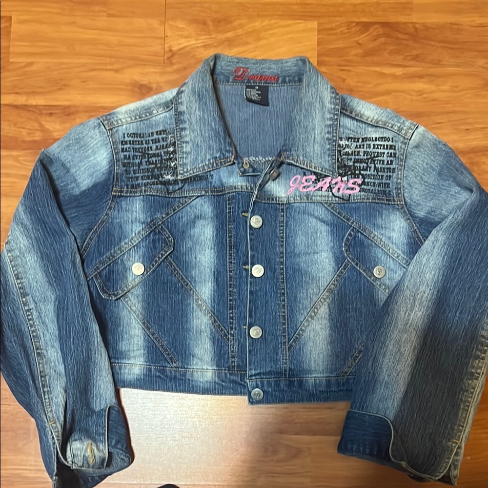 Blue Denim Graphic Cropped Jacket